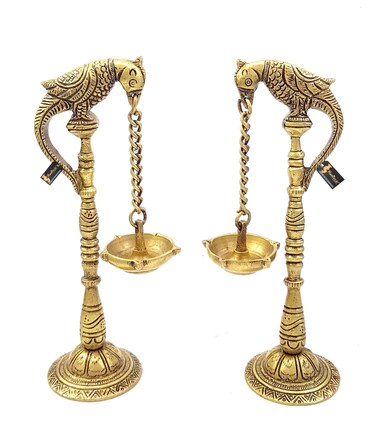 Parrot Design 7.5 Inches Brass Hanging Diya Pair (Pack of 2), Brass Diyas for Pooja, Diwali Decoration, Housewarming Gifts, Antique Yellow, Standard