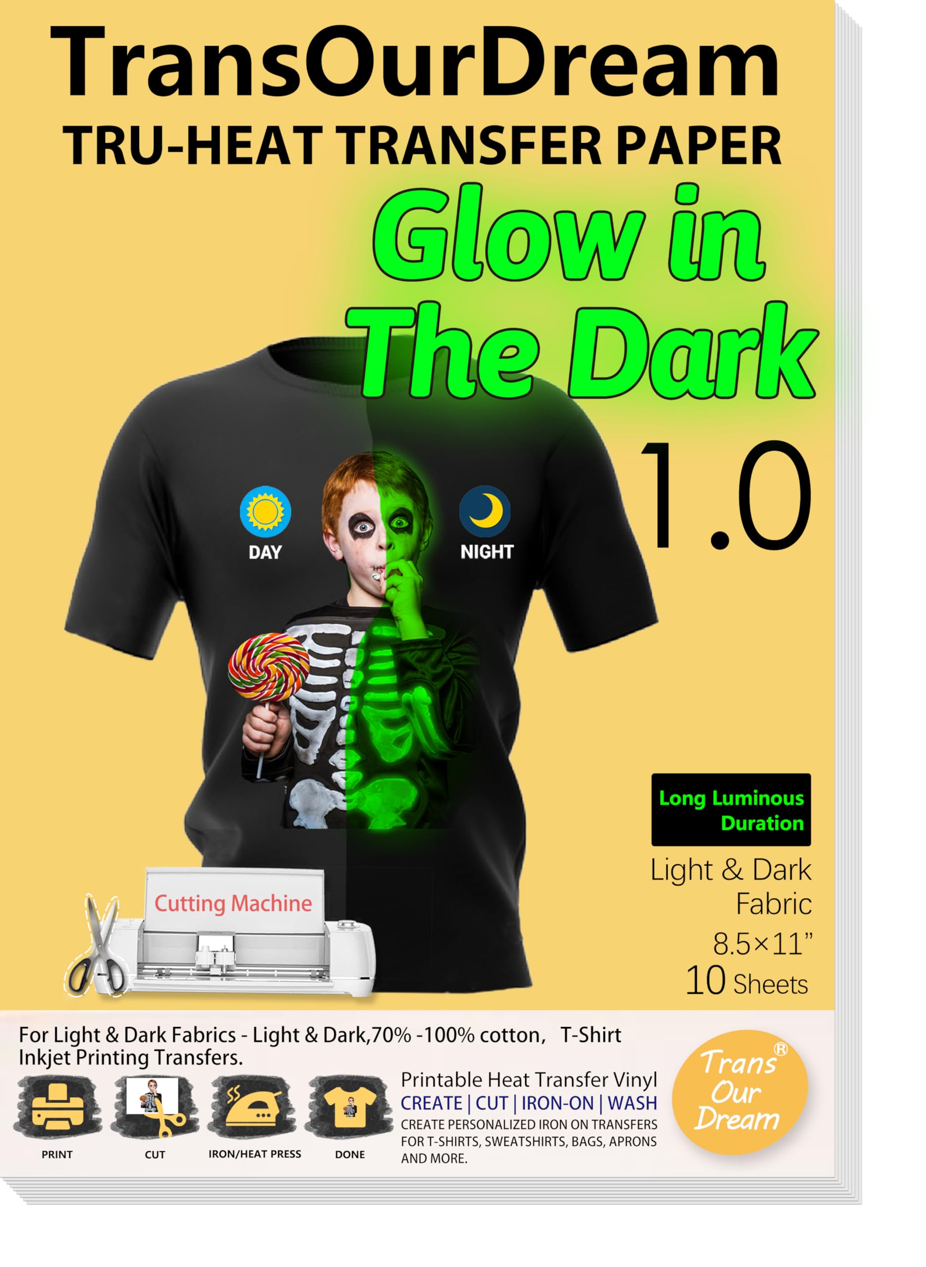 transourdream Transourdream Heat Transfer Paper For Dark T Shirts 10 Sheets 8 5x11 Glow In The Dark 8.5x11in