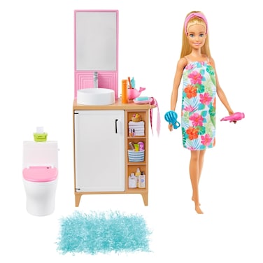 Barbie Doll and Bathroom Furniture Playset with Barbie Doll (11.5-inch Blonde), Toilet, Vanity and Accessories, Gift for 3 to 7 Year Olds