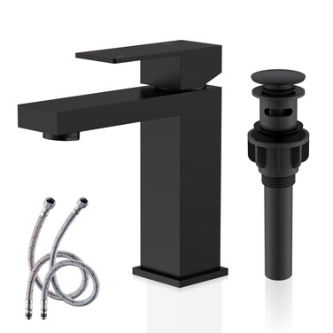 KENES Matte Black Single Handle Bathroom Sink Faucet, Stainless Steel Vanity Faucet for Bathroom Sink, with Pop Up Drain Stopper &amp; Water Supply Hoses LJ-9031-2