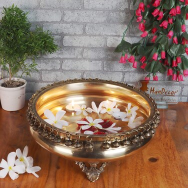Brass 8 Inch Urli Bowl on Ethnic Carved Legs, Decorative Bowl for Home Decor, Floating Flowers, Gifts for Housewarming, Pack of 1