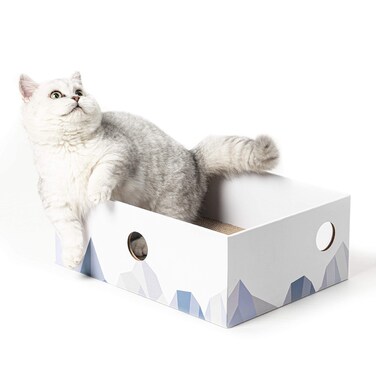Cat Scratcher Box with Double-Sided Cardboard Scratching Board, Heavy-Duty Lounger, Interactive Hole Design Cat Bed for Indoor Cats, Kitty Toys,White (Medium)