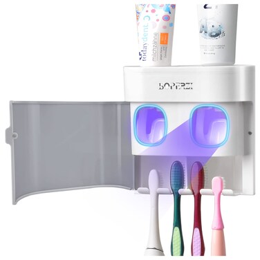 Boperzi Toothbrush Holder Wall Mounted Toothpaste Dispenser Gray Dustproof Cover for Shower Bathroom Set with 2 Toothpaste Squeezers (Not Electric)