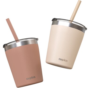 CUPKIN Toddler Straw Cup, The Original 8 oz Stackable Stainless Steel Toddler Cups, Set of 2 Powder Coated Insulated Kids Straw Cups + BPA Free Lids + Reusable Silicone Straws (Brown + Peach)