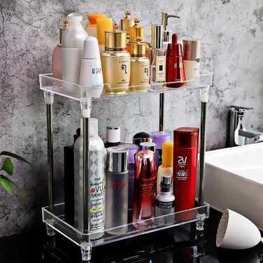 AfooBezos 2-Tier Storage Shelves, Multifunctionl Vanity Makeup Organizers, Clear Display Tray Caddy Stand for Bathroom Kitchen Bedroom Office