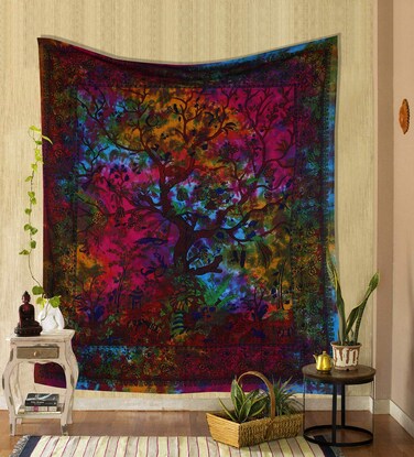 THE ART BOX Tapestry Rainbow Tree of Life Wall Hanging Psychedelic Tapestries Indian Cotton Twin Bedspread Picnic Sheet Wall Decor Blanket Wall Art Hippie Bedroom D&eacute;cor (Twin, 82x54 Inch)