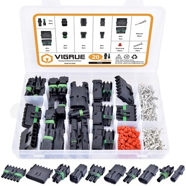 VIGRUE 301Pcs 20 Kits Waterproof Car Electrical Wire Connector Terminals Plug Kit 1/2/3/4/6/Male&amp;Female Pin Small Plug 18-14AWG Water Resistend Truck Harness Plug Car Spark Plug Connector