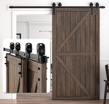 8ft Bypass Sliding Barn Door Hardware Kit for Double Doors, Easy to Install &amp; Reusable, Smoothly &amp; Quietly - Fit 1 3/8-1 3/4" Thickness Door Panel, Black-J Shape