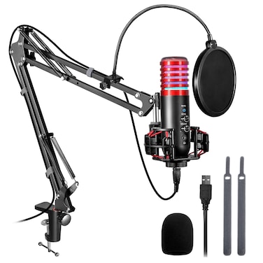 BM-800-Red USB Condenser Microphone, Cardioid Polar Pattern, 48kHz/16bit Sampling, 3.5mm Headphone Jack, Zero-Latency Monitoring, Adjustable Volume, Mute &amp; Echo, Metal Stand, 360 Rotation