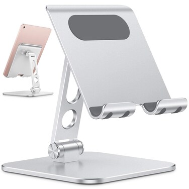 OMOTON Upgraded Adjustable Tablet Stand Holder, Heavy Duty Foldable Portable Monitor Stand, Travel Essentials for iPad Pro/Air/Mini, Surface Pro, Portable Monitor 4.7''-15.6', Silver