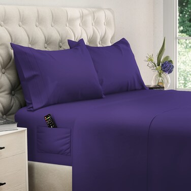 DREAMCARE California King Sheet Sets &ndash; 4 pcs Cooling Sheets &ndash; up to 21&rdquo; Deep Cal King Sheets &ndash; Hotel Luxury Sheets &amp; Pillowcases &ndash; Superior Softness 100% Fine Microfiber with Side Pocket &ndash; Purple