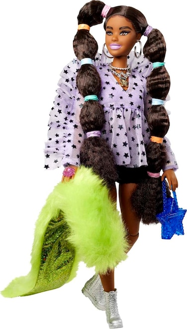 Barbie Extra Doll &amp; Accessories with Long Pigtails &amp; Rainbow Hair Ties in Shorts &amp; Furry Shrug with Pet Pomeranian