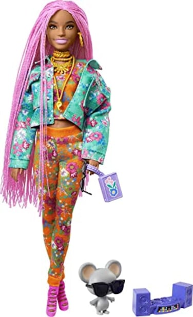 Barbie Extra Doll &amp; Accessories with Long Pink Braids in Teal Floral Jacket &amp; 2-Piece Floral Outfit with DJ Pet Mouse