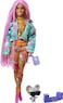 Barbie Extra Doll &amp; Accessories with Long Pink Braids in Teal Floral Jacket &amp; 2-Piece Floral Outfit with DJ Pet Mouse