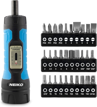 Neiko 10574A 1/4&rdquo; Drive Torque Wrench Screwdriver Set   30 Pieces of S2 Steel Philips, Hex, Slotted, and Torx Bits   10 to 60 Inch-Pounds Torque Adjustment Range   Firearms Accurizing and Gunsmithing