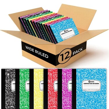 12 Pack Bulk Composition Notebook Wide Ruled, 200 Pages (100 Sheets), 9-3/4 x 7-1/2&quot;, Hard Cover Wide Ruled Notebook Bulk, Assorted Colors Composition Notebook For School, Colors May Repeat