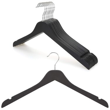 TOPIA HANGER Black Wooden Hangers, 0.28-inch Slim Wood Clothes Hanger with Flat Design and Smooth Notches, Lightweight Space Saving Hangers for Shirt, Coat, Camisole, 10 Pack-Matte Black, CT29B