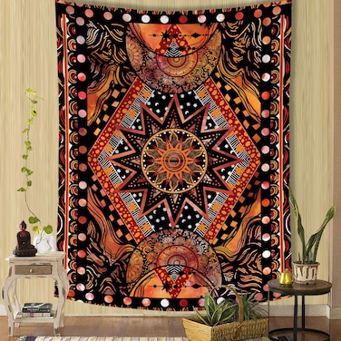 Fowocu Orange Sun and Moon Tapestry Wall Hanging, Indie Hippie Mandala Cool Wall Tapestries, Aesthetic Tapestry for Bedroom Living Room Dorm (Orange, 50'' &times; 60'')