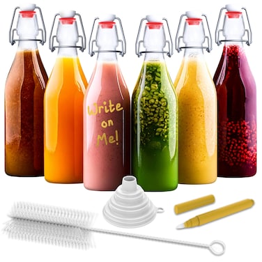 Nevlers 6 PK 17 Oz Round Swing Top Glass Bottles   Flip Top Glass Bottle   Glass Water Bottles with Brush, Funnel, Shrink Wrap &amp; More  Wine Bottles For Wine Making   Limoncello Bottles   Beer Bottles