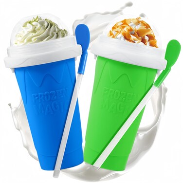 Slushie Cup, 2 Pack Slushy Maker Cup with Lid &amp; Straw for Kids Friends Family, Portable Smoothie Squeeze Cup for Milk, Juices, and Ice Cream Make (Blue+Green)