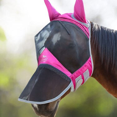 Harrison Howard CareMaster Pro Luminous Horse Fly Mask Large Eye Space Long Nose with Ears UV Protection for Horse Flamingo (L; Full Size)