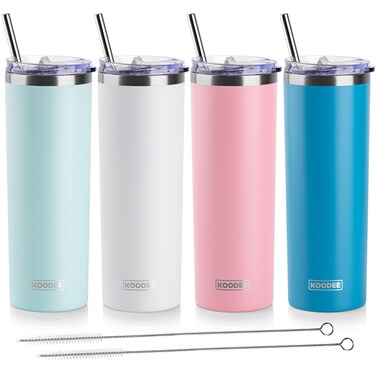 koodee 20 oz Stainless Steel Skinny Tumblers (4 Pack) Double Wall Insulated Water Tumbler Cup with Straw, Lids and Straw Brushes (Baby blue/White/Pink/Sky Blue)
