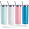 koodee 20 oz Stainless Steel Skinny Tumblers (4 Pack) Double Wall Insulated Water Tumbler Cup with Straw, Lids and Straw Brushes (Baby blue/White/Pink/Sky Blue)