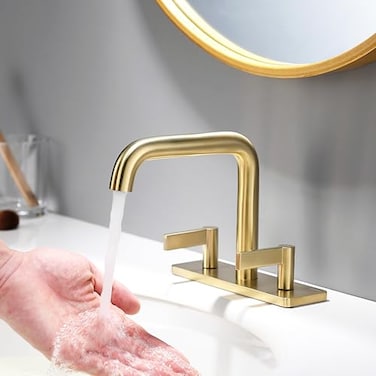 Bathroom Faucet 2 Handles, 4inch Centerset Brass Faucet for Bathroom Sink, Vanity Faucet with Drain Assembly and Supply Hoses, Brushed Gold, 110102-BG