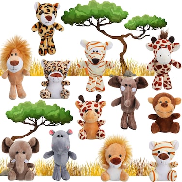 Sumind 12 Pieces Mini Stuffed Forest Animals Jungle Animal Plush Toys 4.8 Inch Cute Elephant Lion Giraffe Tiger Plush for Animal Themed Parties Achievement(Sitting, Standing)