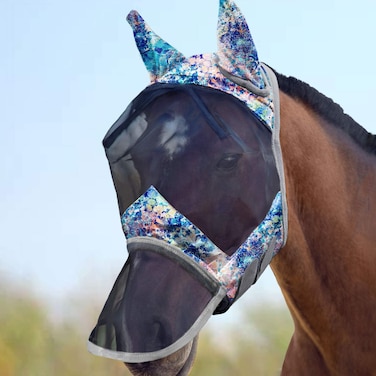 Harrison Howard LumiVista Horse Fly Mask Long Nose with Ears UV Protection for Horse Pastel Mix L Full Size
