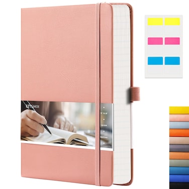EMSHOI Graph Paper Notebook - 256 Pages A5 Graph Notebook/Journal, Hard Cover, 120gsm Thick Paper, Smooth PU Leather, Inner Pocket, 5.75'' &times; 8.38''-Pink