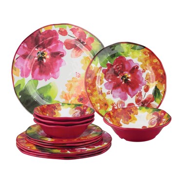 UPware 12 Piece Pink Floral Melamine Dinnerware Sets, Outdoor Dishes Set, Plates and Bowls Sets, Service for 4, Multicolor