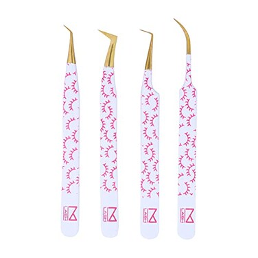 M LASH Tweezers for Eyelash Extensions (Set of 4) - Professional Lash Extension Tweezers - Fiber Tip, Japanese Steel, Diamond Grip Eyelash Extension Tweezer (F-SET)
