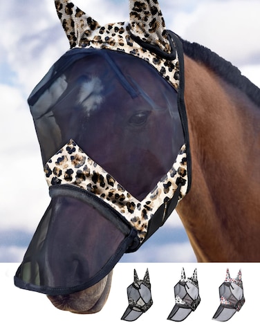 Harrison Howard LumiVista Horse Fly Mask Long Nose with Ears UV Protection for Horse Leopard Print M Cob