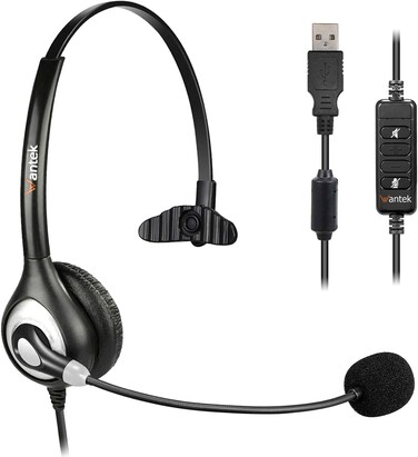 USB Headset with Microphone Noise Cancelling &amp; Audio Controls, Computer Headphones for PC Laptop, Business, Home Office, Call Center, Skype, Zoom, Webinar, Clear Chat, Super Light,Single