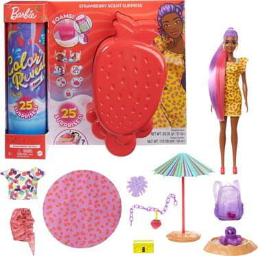 Barbie Color Reveal Foam! Doll &amp; Pet Friend with 25 Surprises: Scented Bubble Solution, Outfits, Hair Extension, Accessories, Kid Bracelet &amp; Charm Hidden in Sand; Sunny Strawberry-Theme