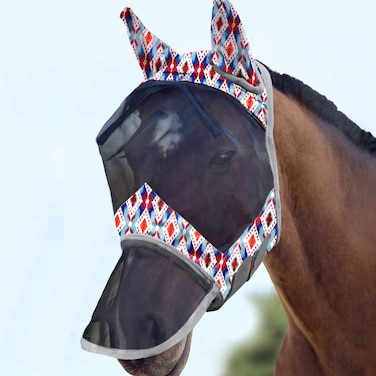 Harrison Howard LumiVista Horse Fly Mask Long Nose with Ears UV Protection for Horse Tribal Rhombus L Full Size