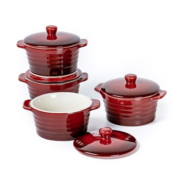 UNICASA 8 oz Ceramic Ramekins with Lid, Mini Casserole Dish with Handles Set of 4, Porcelain Small Baking Dish, Round Small Cocotte Oven Safe, Reactive Glaze (Red)
