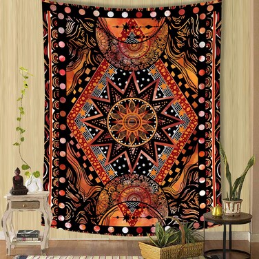 Fowocu Orange Sun and Moon Tapestry Wall Hanging, Indie Hippie Mandala Cool Wall Tapestries, Aesthetic Tapestry for Bedroom Living Room Dorm (Orange, 60'' &times; 80'')