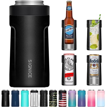 3 In 1 Insulated Universal Can Cooler - Signice Double Walled Vacuum Insulator Stainless Steel Slim Can Cooler for 12 Oz Skinny Tall Standard Regular Can Beer Bottle (Matte Black)