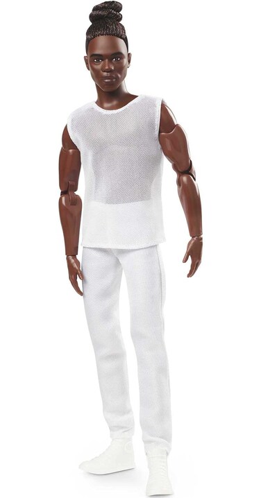 Barbie Signature Looks Ken Doll (Brunette with Braids &amp; Bun Hairstyle) Fully Posable Fashion Doll Wearing White Shirt &amp; Pants, Gift for Collectors