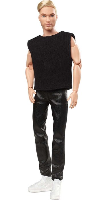 Barbie Signature Looks Ken Doll (Blonde with Facial Hair) Fully Posable Fashion Doll Wearing Black T-Shirt &amp; Vinyl Pants, Gift for Collectors
