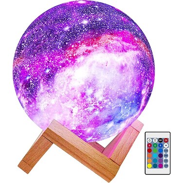 Himalayan Glow Kids Night Galaxy Lamp 5.9-inch 16 Colors LED 3D Star Moon Light with Wood Stand, Remote &amp; Touch Control USB Rechargeable, White