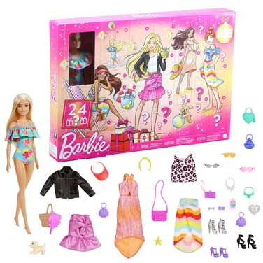 Barbie Advent Calendar with Barbie Doll (12-in), 24 Surprises Including Day-to-Night Trendy Clothing &amp; Accessories, Festive Holiday Themed Packaging for Kids 3 to 7 Years Old