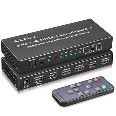 ROOFULL 5 Port 4K@60Hz HDMI Switch with Optical &amp; 3.5mm AUX Audio Out, 5 in 1 Out HDMI 2.0 Switch Audio Extractor with Remote, Support ARC, HDR 10, HDCP 2.2, 18Gbps, Dolby Vision/Atmos, 3D, 1080P