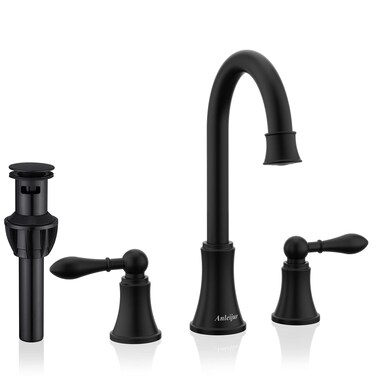 Two Handle 8 inch High Arc Widespread Bathroom Sink Faucet with Pop-Up Drain and Water Supply Lines, Matte Black 3 Pieces Lavatory Sink Faucet Basin Faucet Mixer Taps