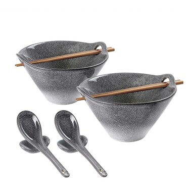 UNICASA Japanese Ramen Bowl Set with Chopsticks, Spoons and Rests, 26oz Deep Porcelain Noodle Bowl Set of 2 for Udon, Pho, Salad, Soup (Reactive Gray)