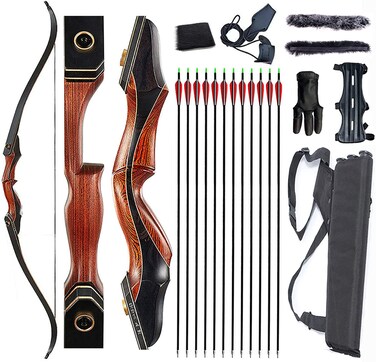 Archery 60" Takedown Hunting Recurve Bow and Arrow Set for Adult Longbow Kit Competition Shooting Right Hand Wooden Riser 30-50LB