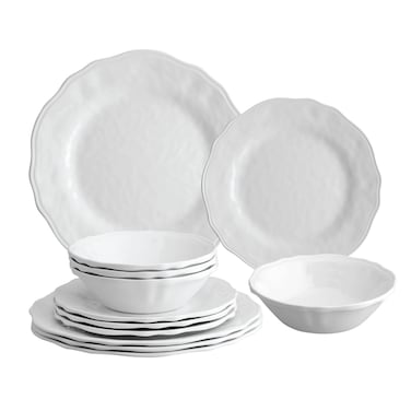 UPware 12 Piece Dimple Melamine Dinnerware Sets, Outdoor Dishes Set, Plates and Bowls Sets, Service for 4, White