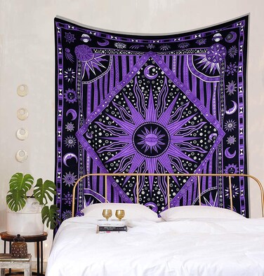 raajsee Burning Sun Purple Tapestry Bedroom Aesthetic- Zodiac Mandala Tarot Tapestry Wall Hanging &ndash; Indie Cotton Celestial Wall D&eacute;cor Burning Sun Tapestries Trippy - Boho Tapestrys Hippie 52x60 inch